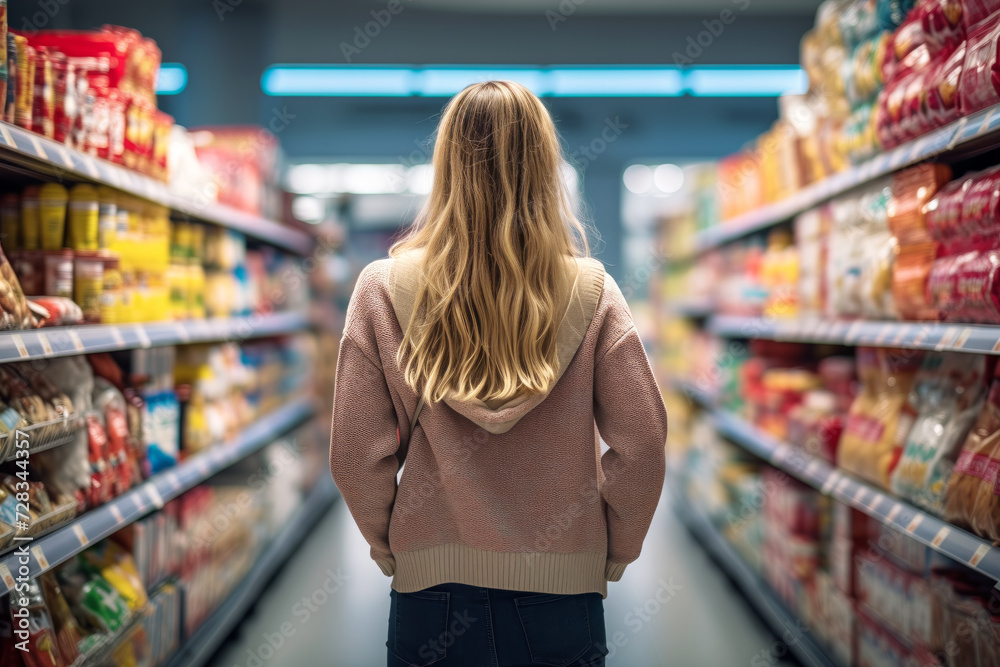 Woman participates in shopping with focus on healthy food. Woman selects variety of nutrient packed foods prioritizing fresh products to nourish body