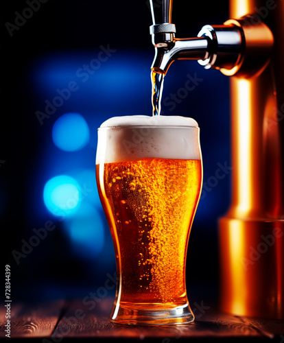 Close up of beer tap pouring a draught lager beer