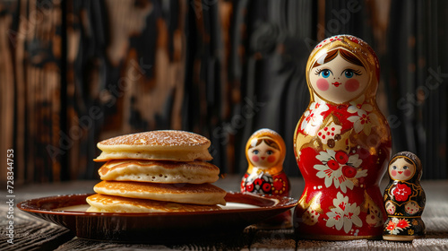 Matryoshka and russian pancakes. Maslenitsa.  photo