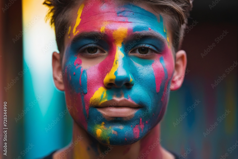 Closeup portrait of a young man with colorful paint on face