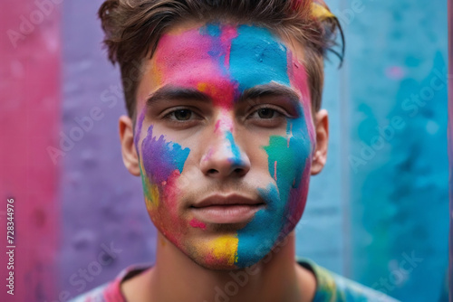 Closeup portrait of a young man with colorful paint on face