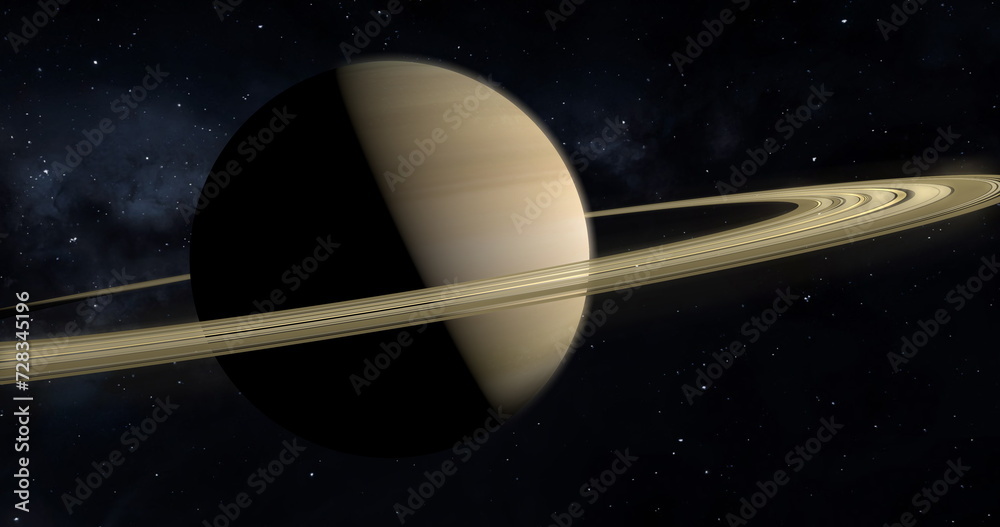 Saturn planet with rings in outer space among stars.