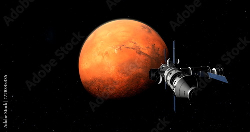 Spaceship arriving at planet Mars, space mission to the red plan