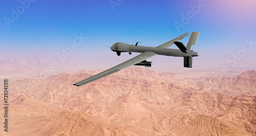 MQ military drone flying over desert on the Middle East