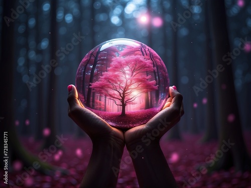 A person standing in a forest clearing, surrounded by trees with neon-pink leaves, holding a transparent orb that reflects a galaxy within, generative AI