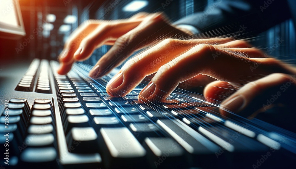 close-up view of fingers swiftly moving across a keyboard, emphasizing the everyday task of digital communication within a quiet office environment. close-up view of fingers swiftly moving across a keyboard, emphasizing the everyday task of digital communication within a quiet office environment.