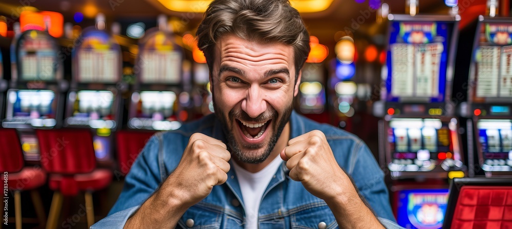 Portrait of a joyful gambler winning money at casino slot machines with space for text Portrait of a joyful gambler winning money at casino slot machines with space for text