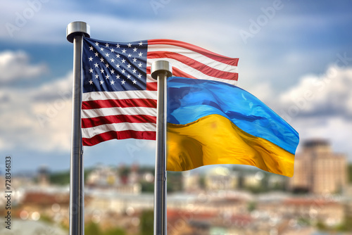 Flags of United states of America and Ukraine against Kyiv on ba