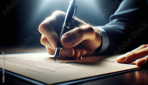 Zooming in on signing a document - The decisive act of a pen signing a name, sealing agreements or decisions, representing commitment and conclusion. Finalizing Commitments: The Signature photo