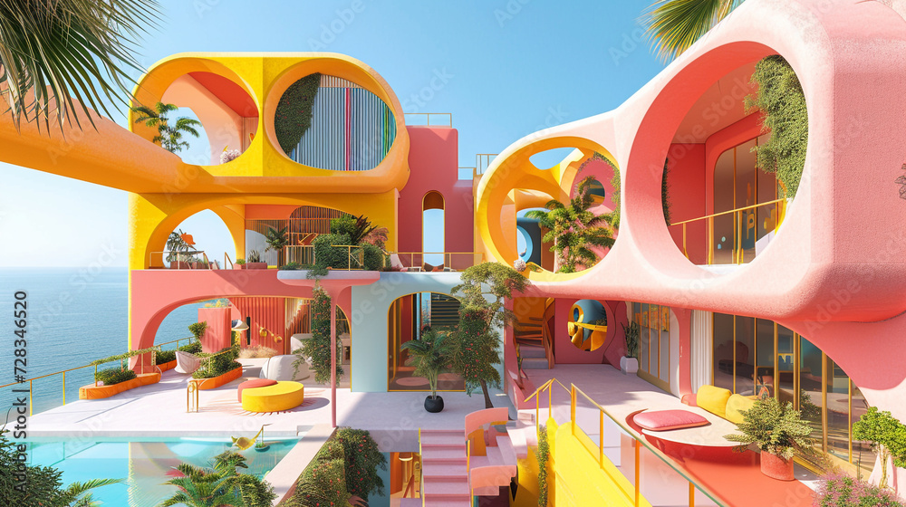 a postmodern building with playful shapes, colorful facades, and unconventional designs. 
