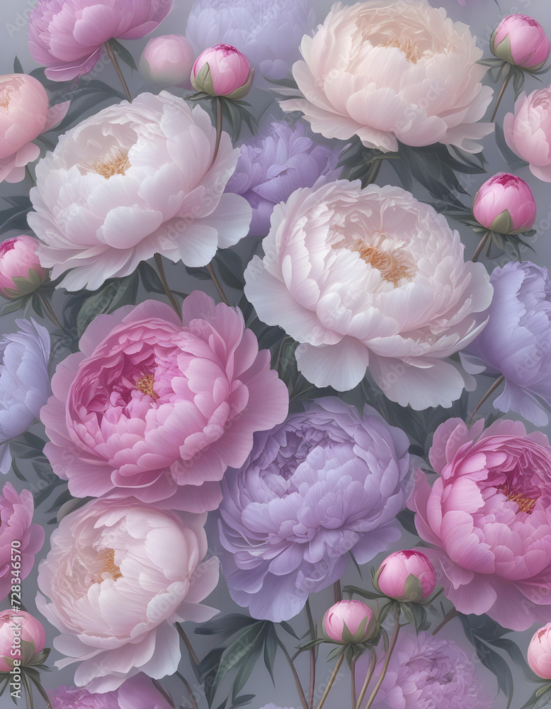 A lot of beautiful peony flowers in pale pastel colors all over the place, for a beautiful bright wall background