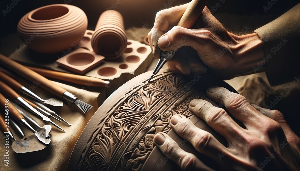 Zooming in on pottery engraving Tools etching patterns into clay