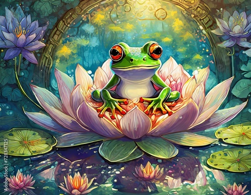a frog  meditating on a lotus, the circle of samsara clouse up, youga