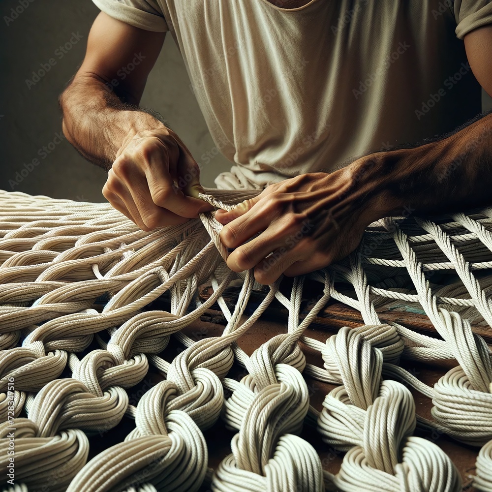 Zooming in on making a polypropylene rope net - Weaving a net from ...