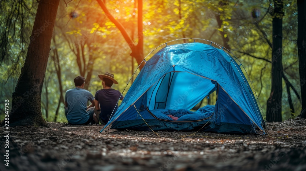 Affectionate young couple enjoying camping in picturesque natural landscape with beautiful lighting