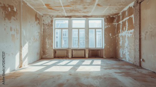 Indoor wall with tools and paints during renovation. 
