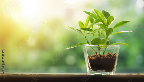 Sprout in a glass pot with soil  spring concept