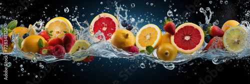  Wide banner background with fruits and splashes