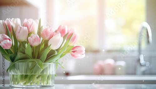 Tulips in a vase in the kitchen ,spring concept