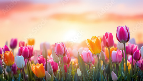 Tulips on the background of sunset in a field ,spring concept