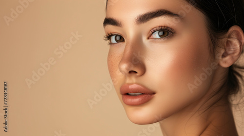 High-quality crop photo of skincare and cosmetics concept with copy space for text. Woman with beautiful face touching healthy facial skin with cream portrait. Beautiful happy Asian girl model with na