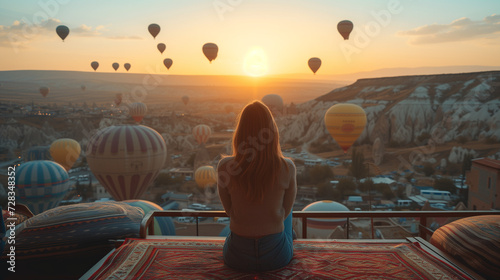 woman on a hotel terrace in a beautiful destination in Goreme, Turkey. Fabulous Kapadokya with flying air balloons at sunrise, Anatolia