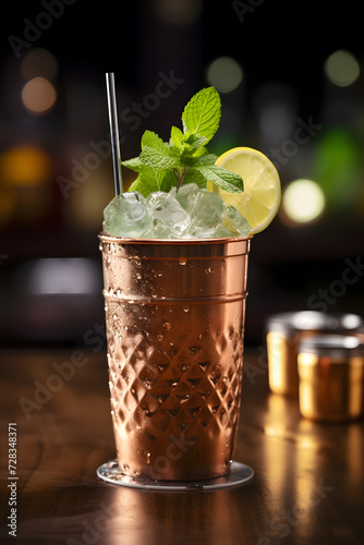 Moscow mule cocktail with lemon in a pub