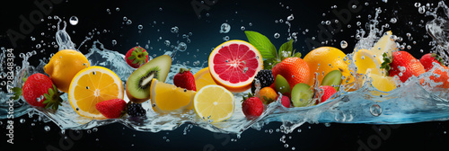  Wide banner background with fruits and splashes