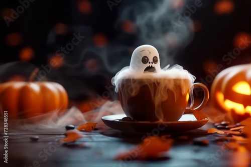Ghost appears in coffee with pumpkins creating a spooky and delightful scene, food and drink pranks picture photo