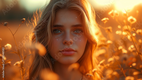 portrait of a woman in a flower field at sunset, portrait of a woman with beautiful eyes and a soft warm of sunlight, the eye of the girl