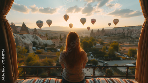 Girl traveler vacations on hotel terrace in beautiful destination in Goreme, Turkey. Fabulous Kapadokya with flying air balloons at sunrise,