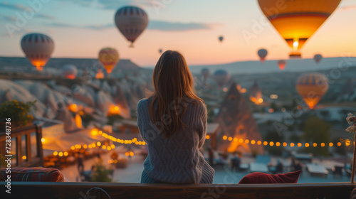 hot air balloon in sunset, Women early in the morning with hot air balloons in Cappadocia at sunrise, women at sunset with a view over the valley from a hotel terrace in Cappadocia Turkey