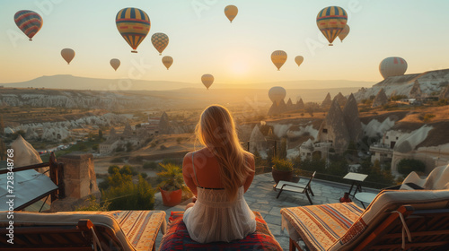 woman sitting on a bench at sunrise watching the hot air balloons in Cappadocia