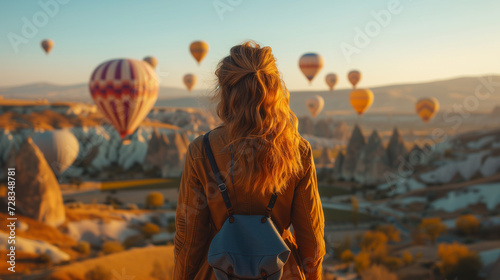 Young woman watch sunrise with hot air balloons flying over Love Valley with rock formations and fairy chimneys in Cappadocia Turkey