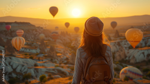 woman looking at sunrise in Cappadocia Turkey with hot air balloons in the sky