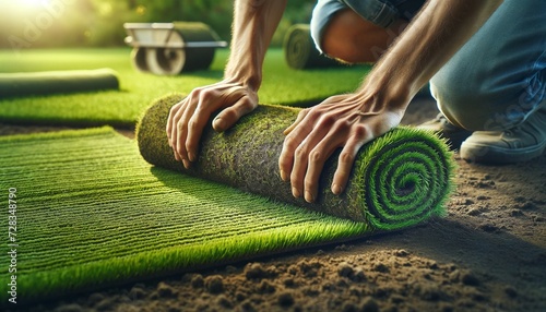 laying sod - Rolls of fresh sod are carefully laid out and pressed down, transforming a bare patch into a lush, green lawn. photo