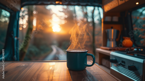 cup of hot steaming coffee in a camper van at sunrise in the forest photo