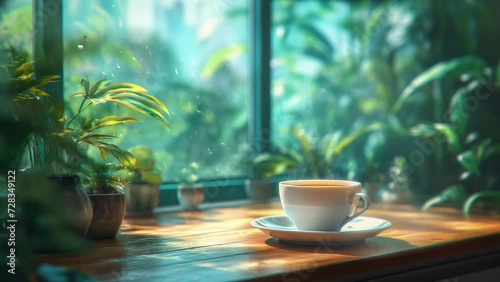 A warm cup of coffee at the window with the morning vibes. seamless looping 4k time-lapse animation video background photo