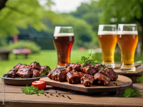 garden picnic in spring and summer, beer glasses and barbecue grilled meat served on table. Barbecue party with friends. Meat snacks and lunch.