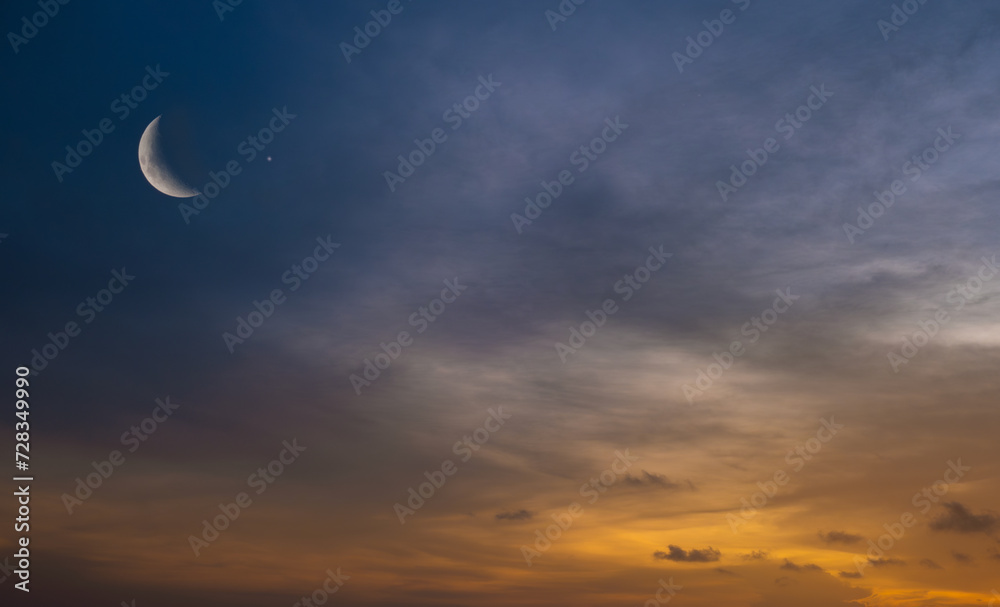 Background of half moon and starry sky and sunset Greeting card for the holy month of Ramadan of islam
