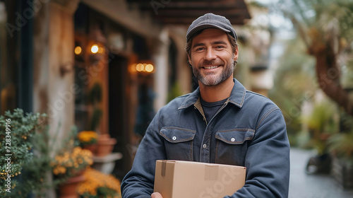 Smiling delivery man working and holding a box