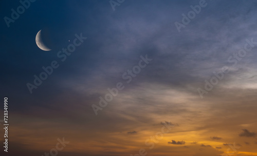 Background of half moon and starry sky and sunset Greeting card for the holy month of Ramadan of islam