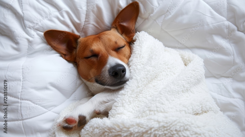 Cute dog napping on white bed with cozy blanket, offering ample space for text placement