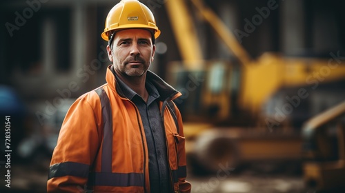 A determined builder in safety gear stands confidently onsite, with heavy machinery in the background, representing expertise and safety in construction. photo
