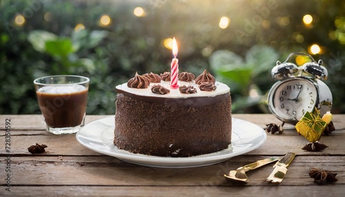 birthday chocolate cake with sparking candle on wooden table