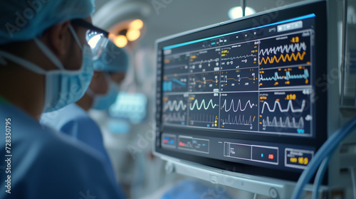 A surgeon in blue scrubs is intently watching vital sign monitors during a surgical procedure in an operating theater.