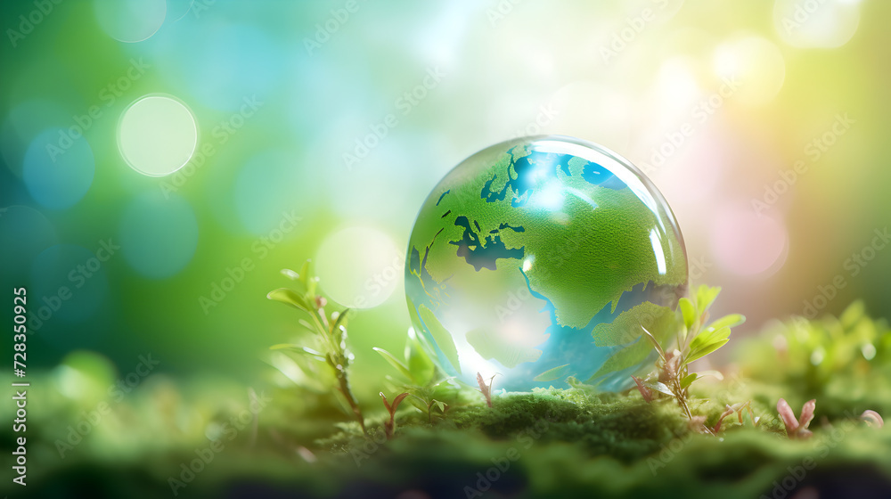 A christmas tree in the snow background,,
glass globe ball with tree growing and green nature blur background. eco earth day concept Free Photo

