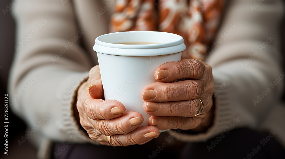 Close up of senior woman s hand holding an empty coffee to go paper cup, with a focus on the details Close up of senior woman s hand holding an empty coffee to go paper cup, with a focus on the details