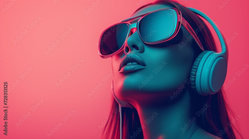 Creative young woman wearing high tech glasses and headphones in vibrant solid background Creative young woman wearing high tech glasses and headphones in vibrant solid background