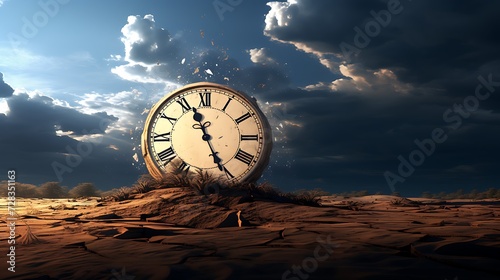 A solitary, grand clock face appears to dissolve into the wind over a desolate desert, its presence an allegory for the relentless passage of time in an arid wilderness.